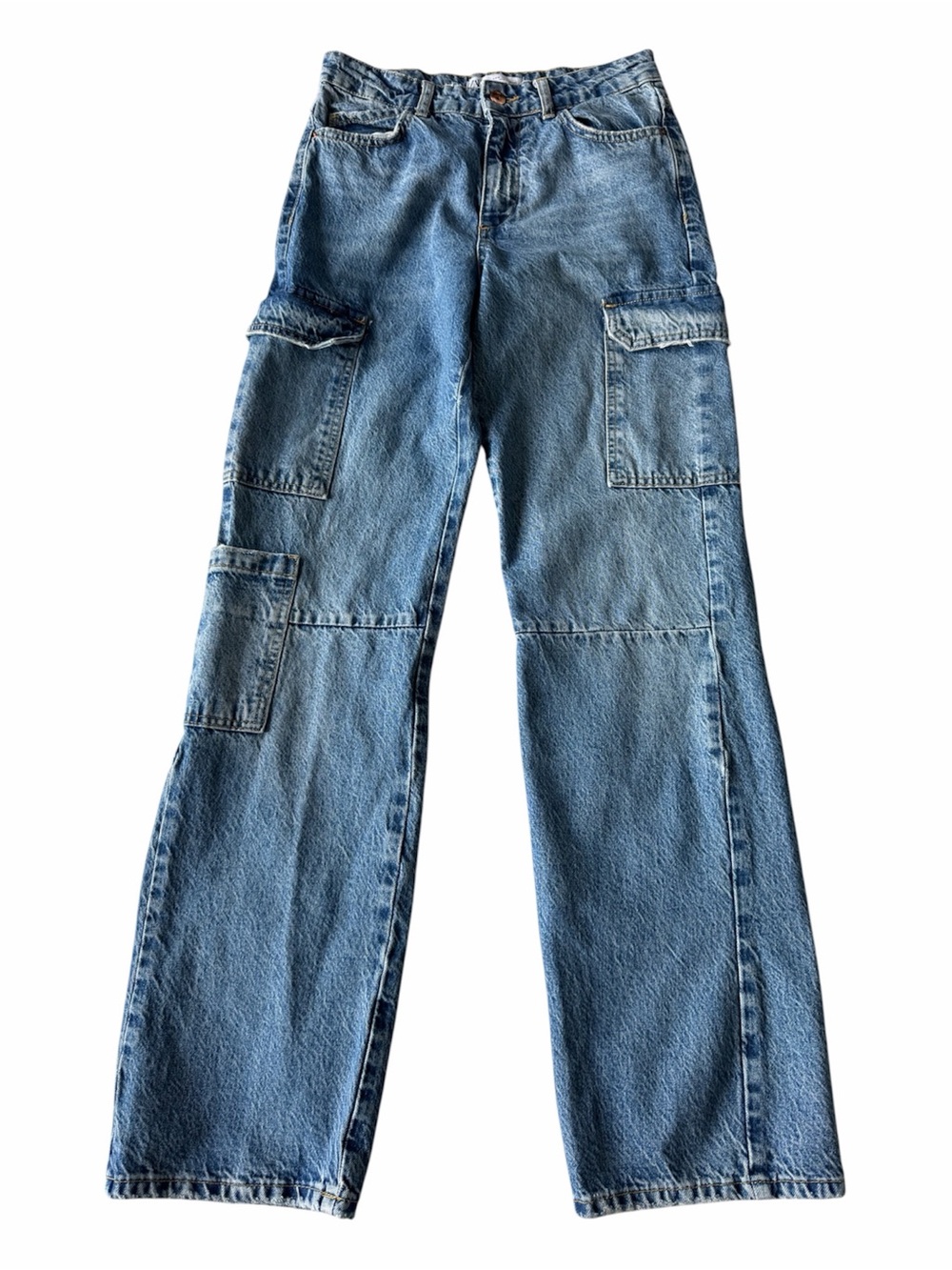 ✅ Zara woman’s Light Blue 100% cotton Straight-Leg Cargo Jeans size 4 EUR 36